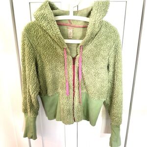 Free People Green Sherpa Hoodie with Pink Trim